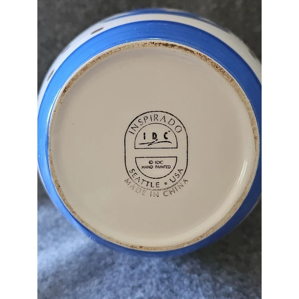 Inspirado Ceramic Cookie  / Biscotti Jar Blue White Coffee Cup Beans Hinged Lid